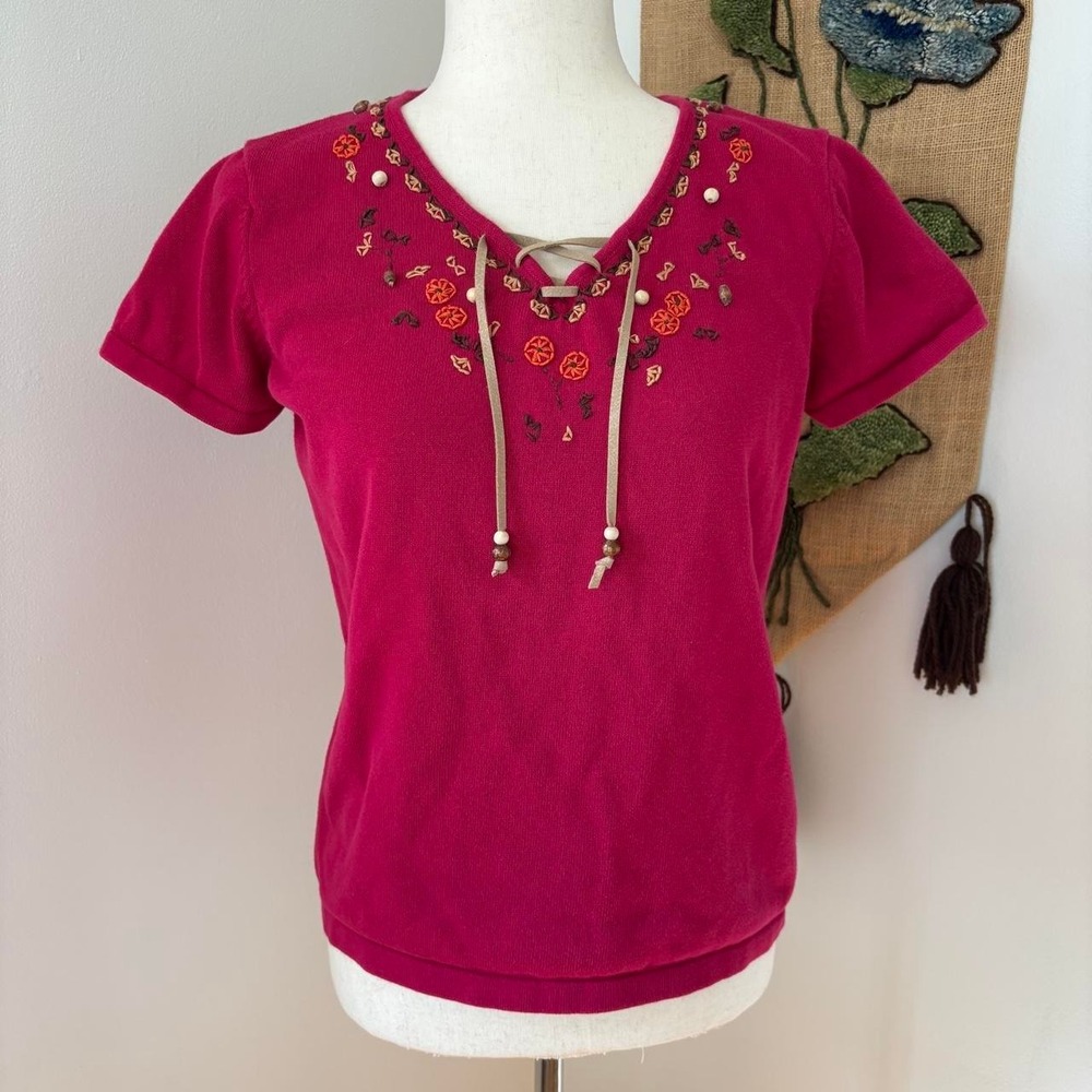 Vintage Pink Cottagecore Beaded Knit Short Sleeve Top Lace Up Coquette S/M